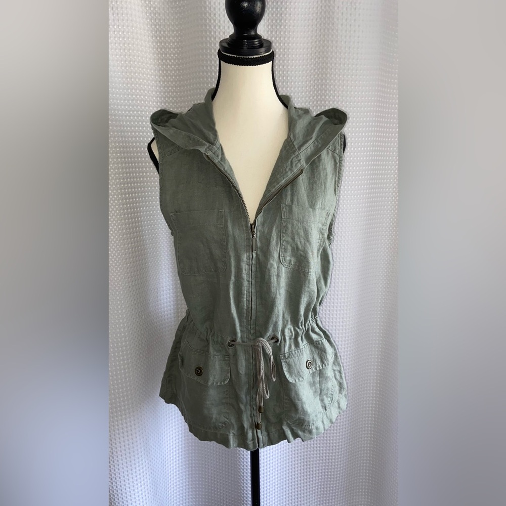 St. Tropez West Linen Hooded sleeveless‎ Utility Vest Size Medium